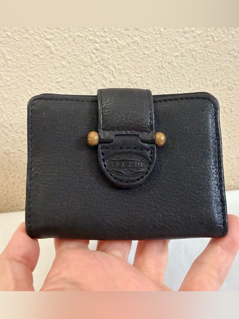 Vintage Fossil Black Leather Bifold Wallet Coin Pouch ID Window Womens